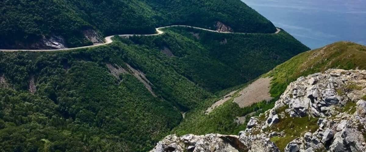 The view from the lookout at the end of the Skyline Trail, overlooking the Cabot Trail on Cape Breton Island, Nova Scotia.