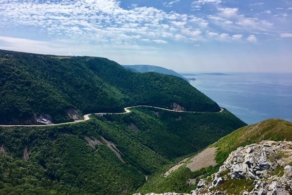 The view from the lookout at the end of the Skyline Trail, overlooking the Cabot Trail on Cape Breton Island, Nova Scotia.