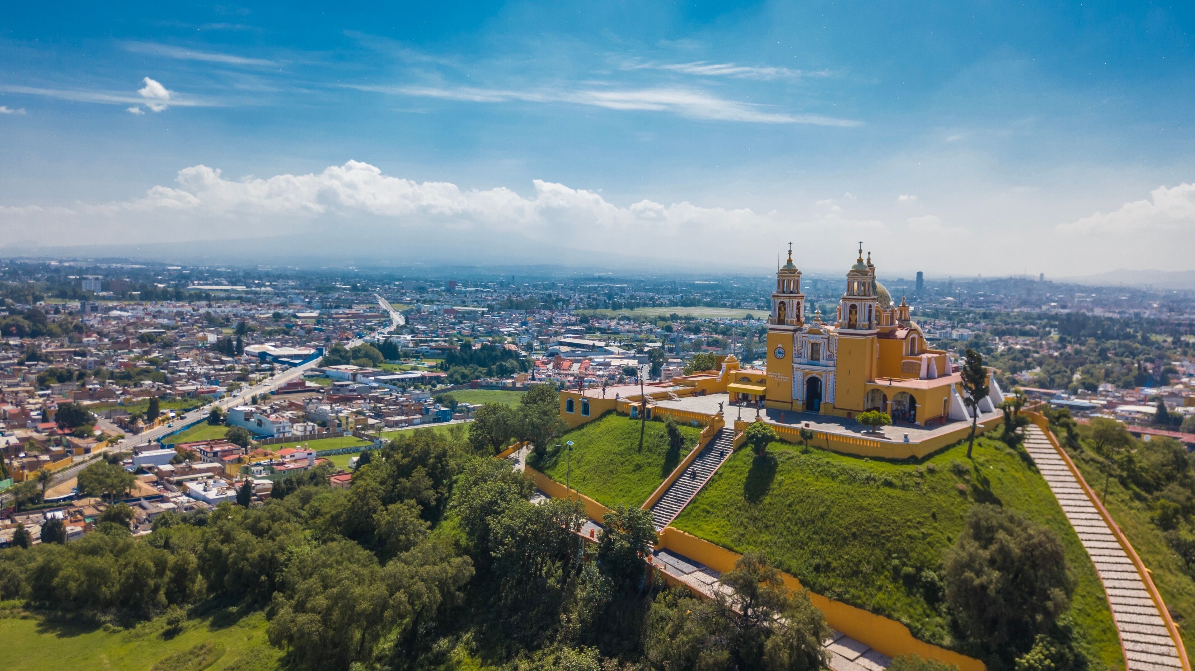 Beautiful aerial view of Puebla Mexico and its church