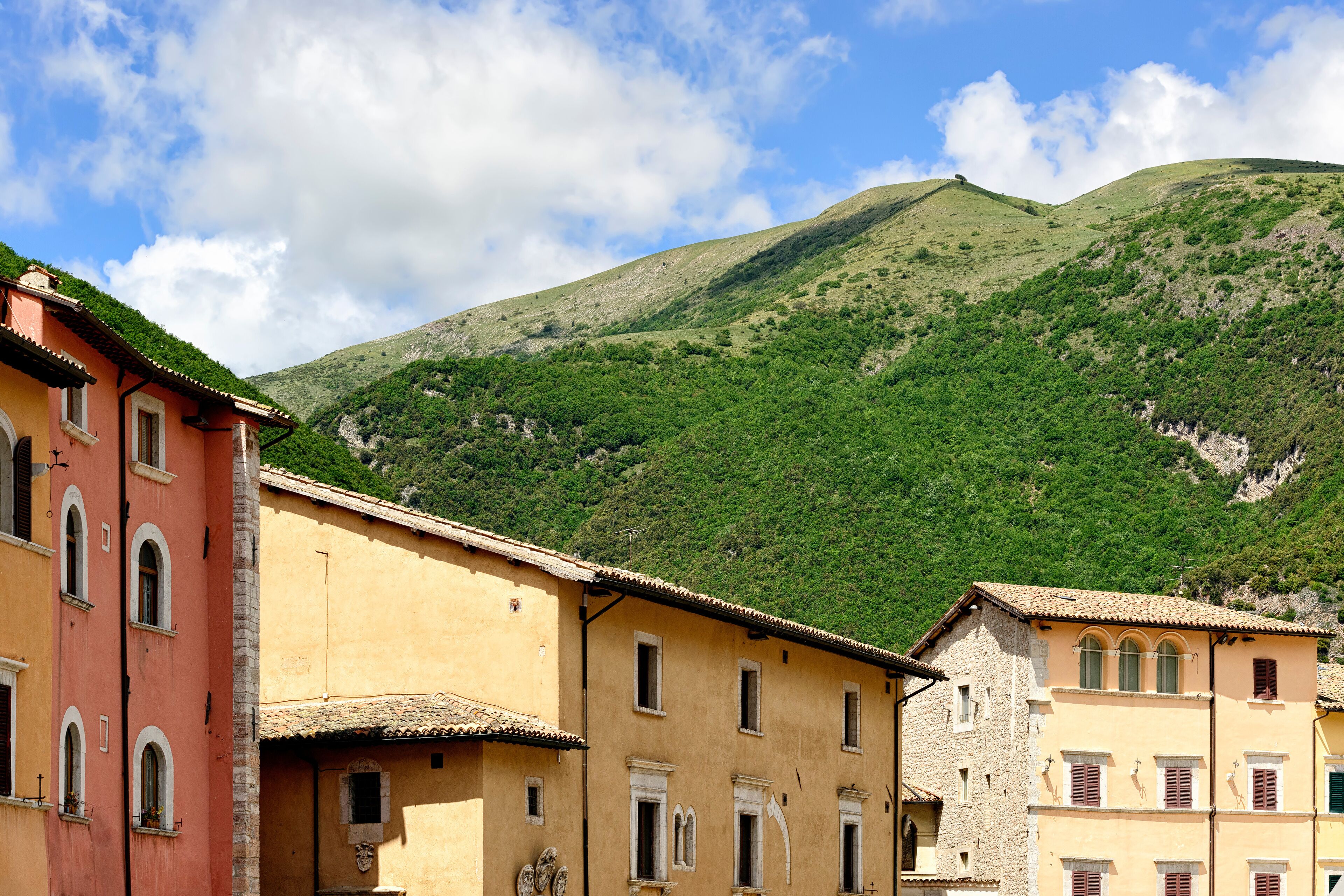 A village with colorful buildings and a green mountain in the background.