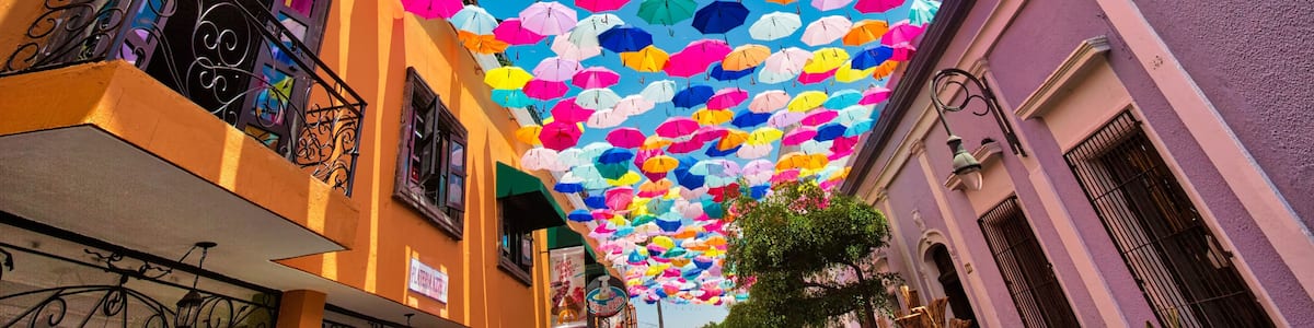 Guadalajara, Tlaquepaque, Mexico-20 April, 2018: Tlaquepaque art village colorful streets during a peak tourist season