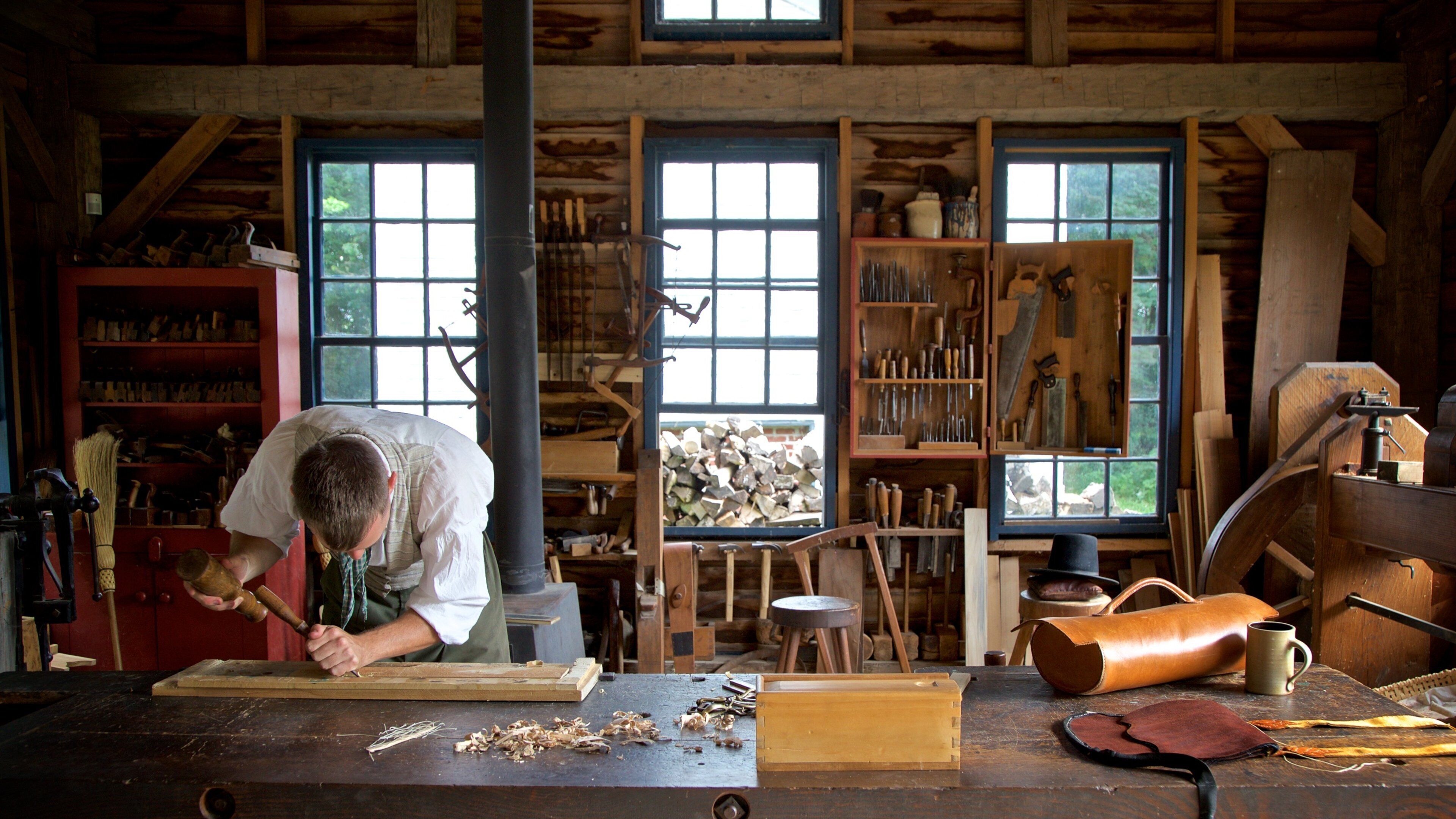 Conner Prairie Interactive History Park showing interior views as well as an individual male