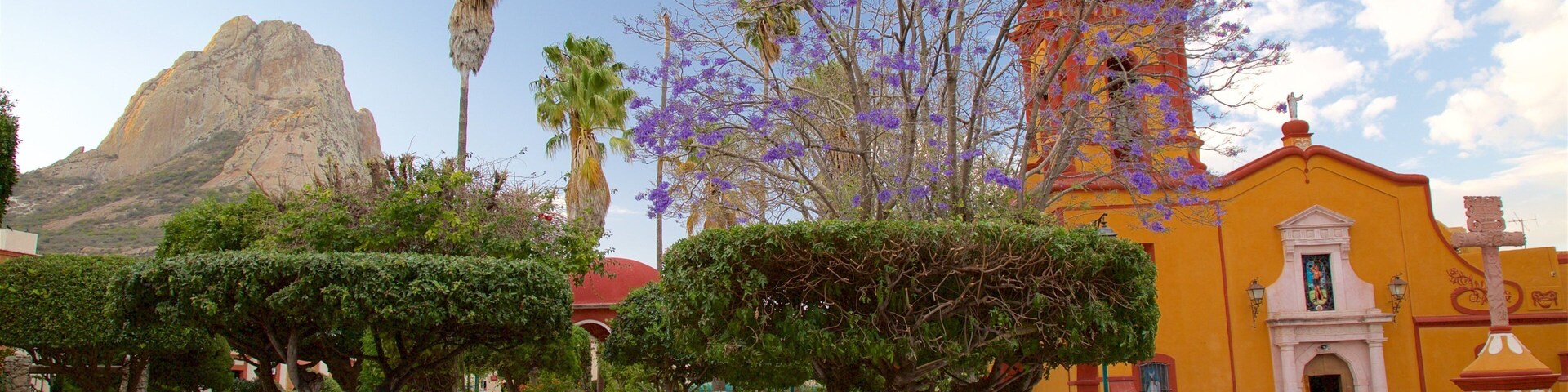 Una plaza con una iglesia, palmeras y una montaña al fondo.