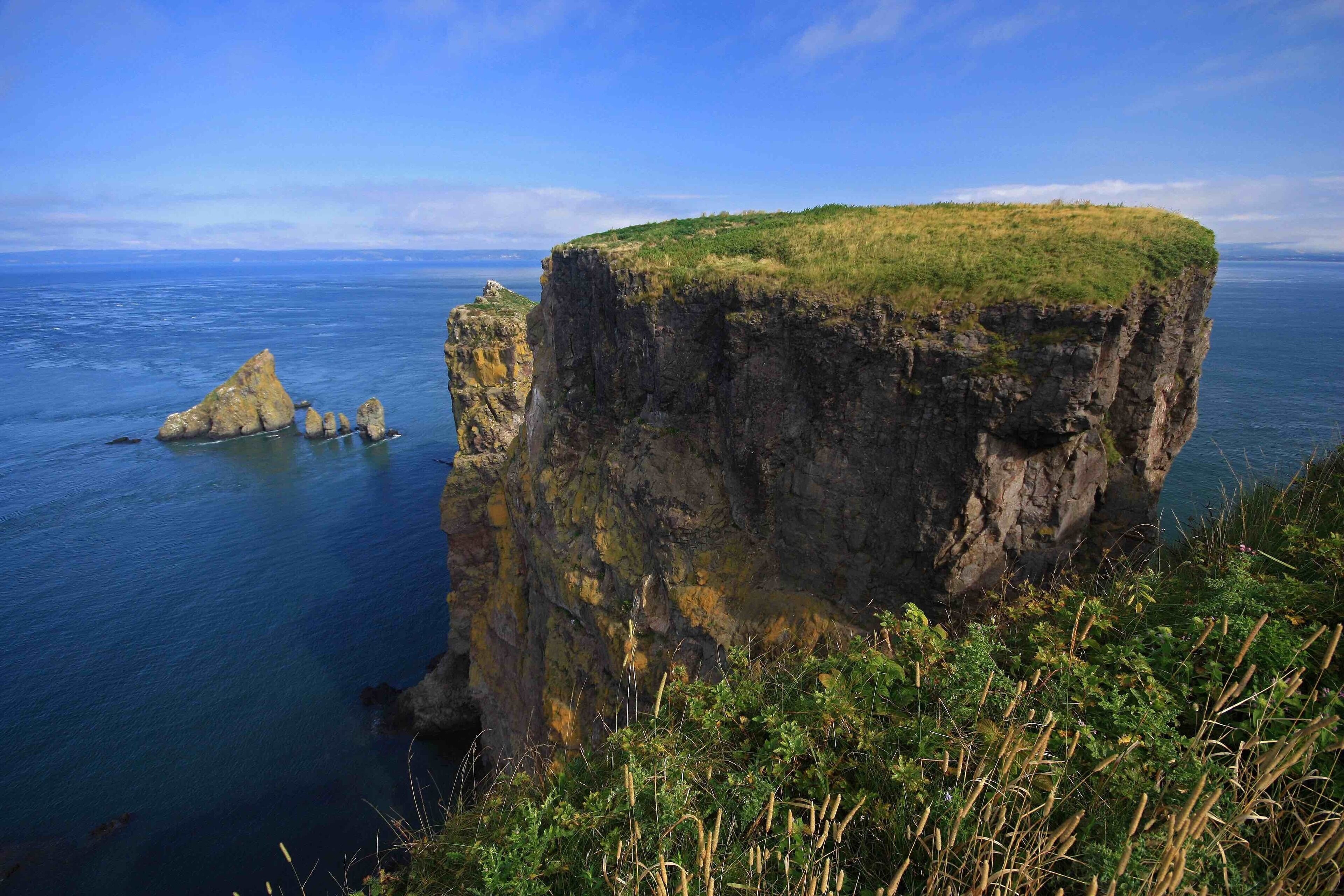 A rugged cliff with a grassy top, overlooking a calm sea.