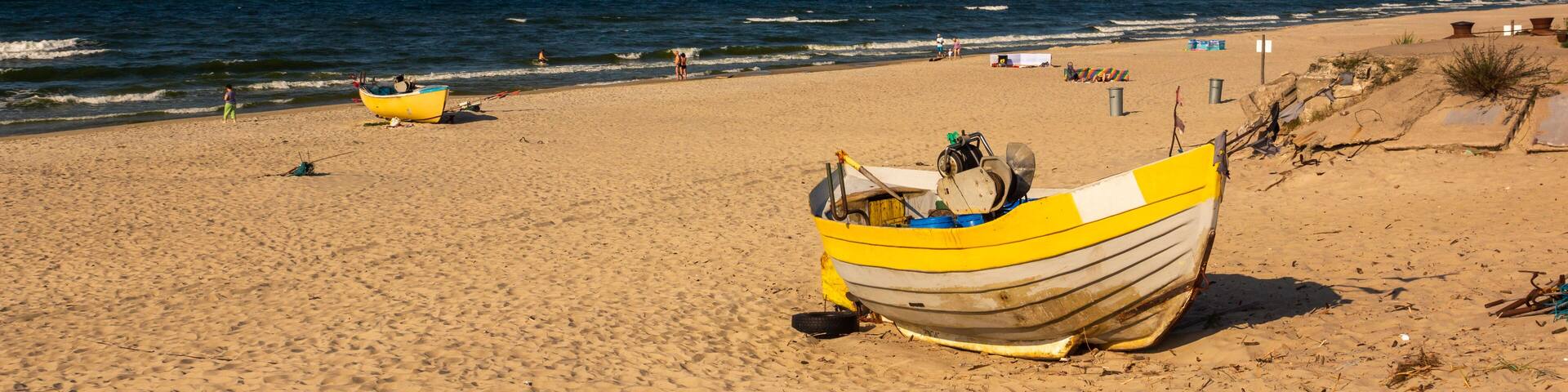 Fishing boat on the beach in Krynica Morska, Pomorskie, Poland