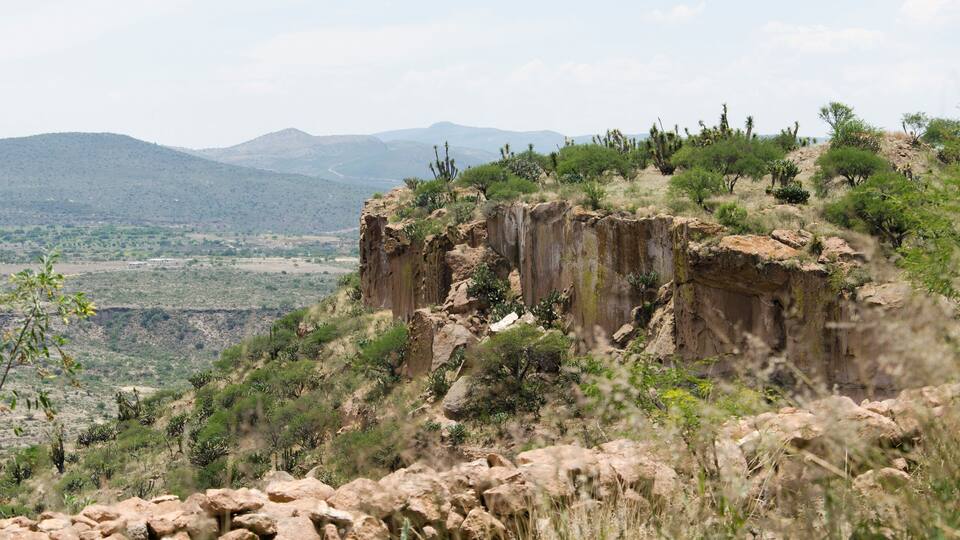 A rocky cliff with sparse vegetation and distant mountains.