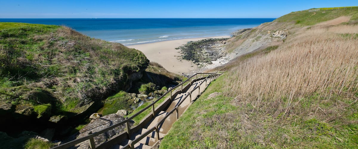 A coastal landscape with a sandy beach, grassy cliffs, and a wooden staircase leading down to the shore.