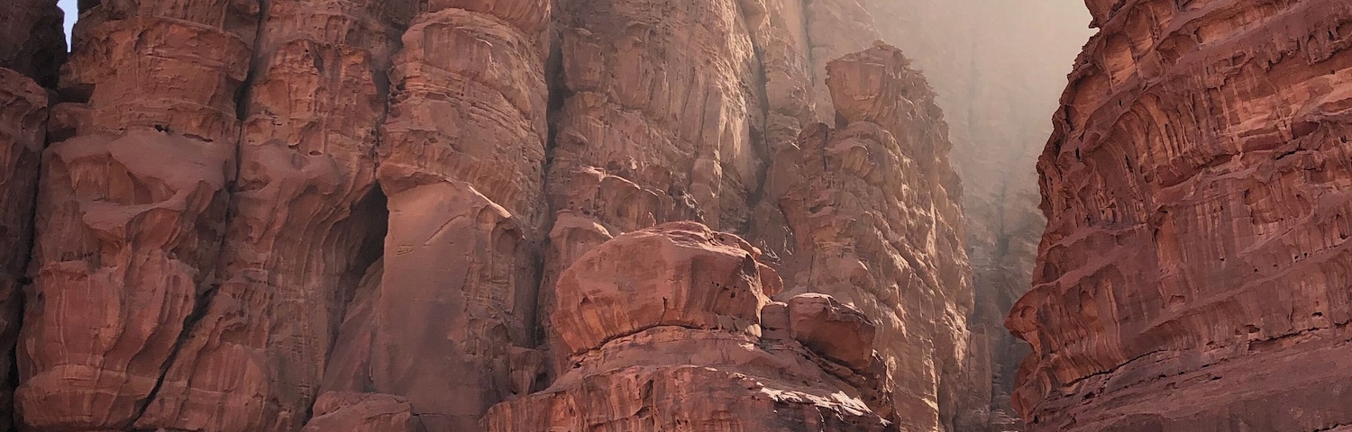 Khazali canyon or Jabal Khazali is of importance in Wadi Rum desert, because it is an area where water collects in this region and hence considered blessed and holy since age old. Once you enter the narrow fissure of the canyon you will find inscriptions and rock art of 3 different types: South Safaitic, Thamudic E Inscriptions or Hismaic, the Arabic inscriptions in the Kufic scripts, and finally petroglyphs that depicts flora and fauna of the region. #wadirum #landoffables #arabiandesert #History