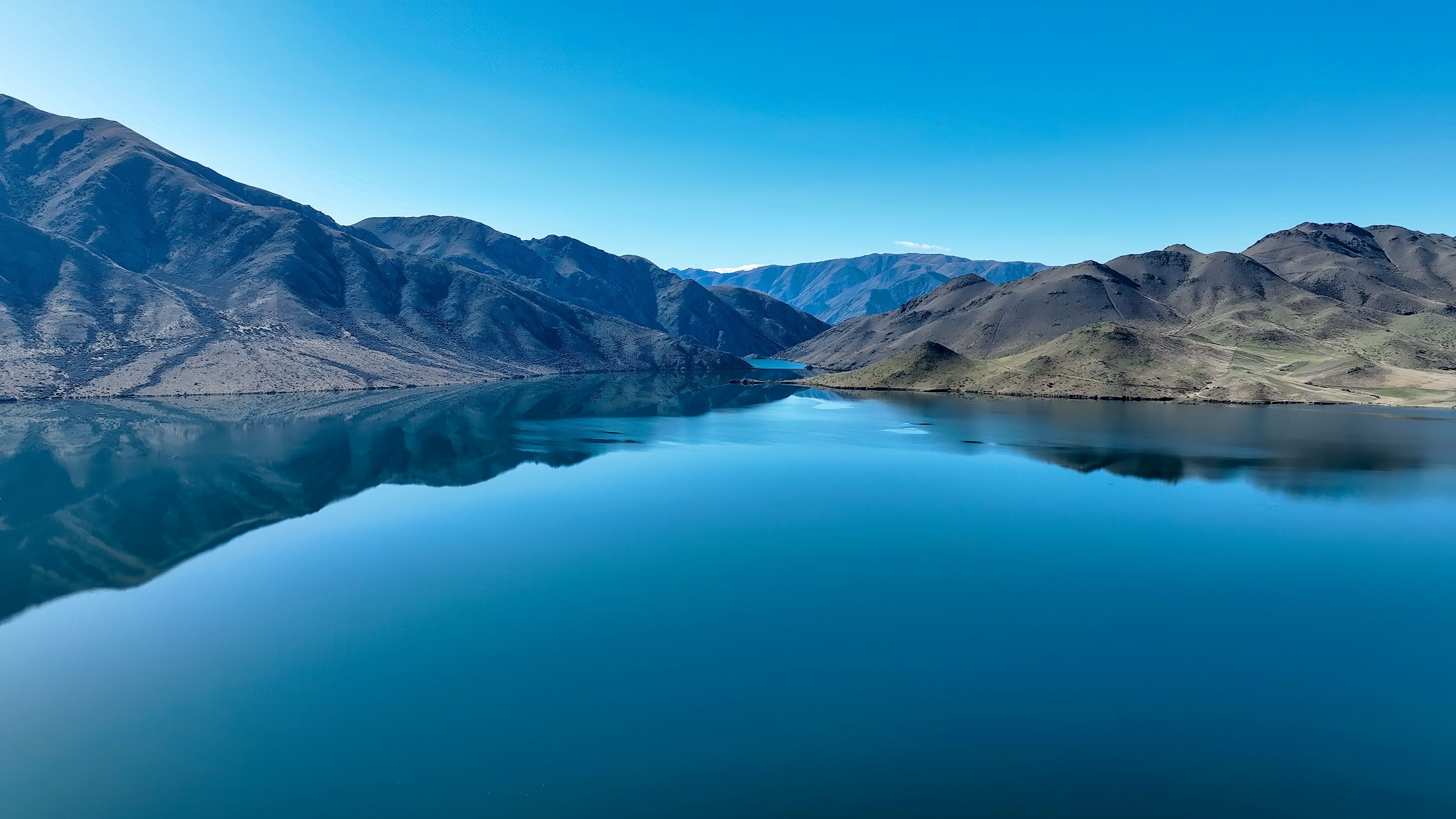 Aerial image of Benmore lake at Sailors cutting in the South Island of New Zealand