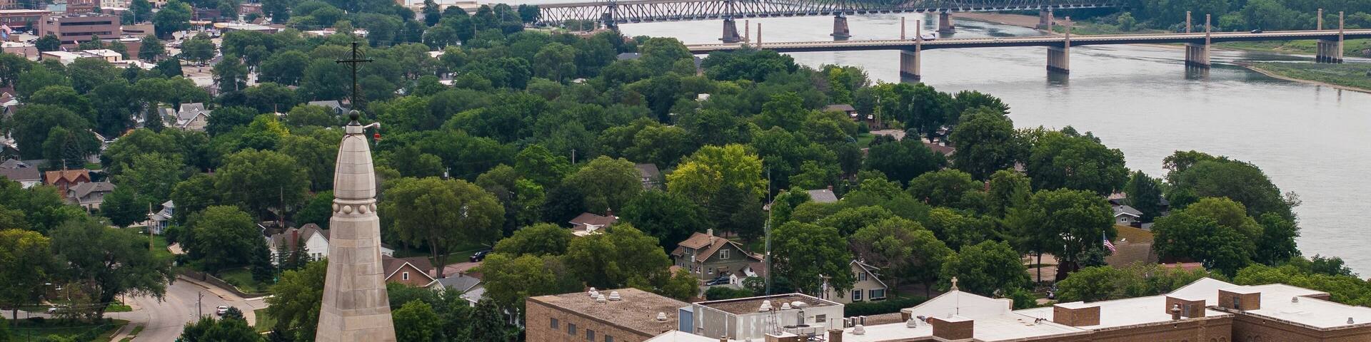 Aerial view of a cathedral near the Missouri river in Yankton, South Dakota