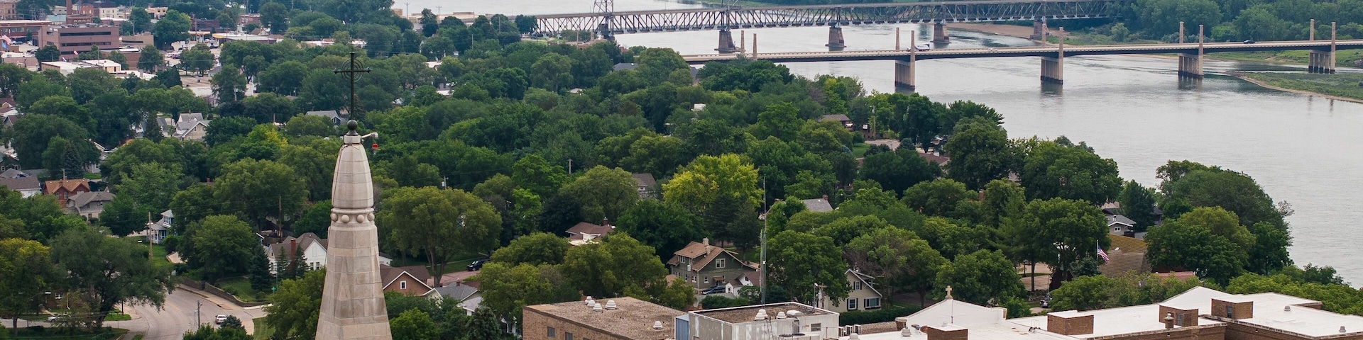Aerial view of a cathedral near the Missouri river in Yankton, South Dakota