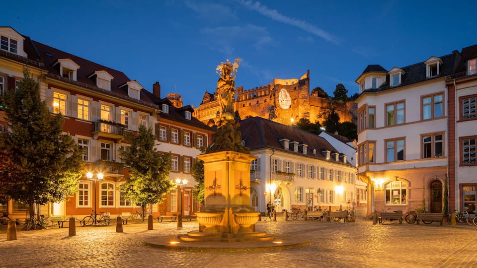 A historic square with cobblestone pavement, a central fountain, and surrounding buildings with traditional architecture.