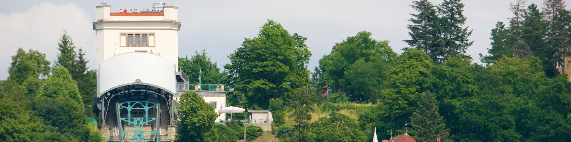 A tower, a house, and a forest.