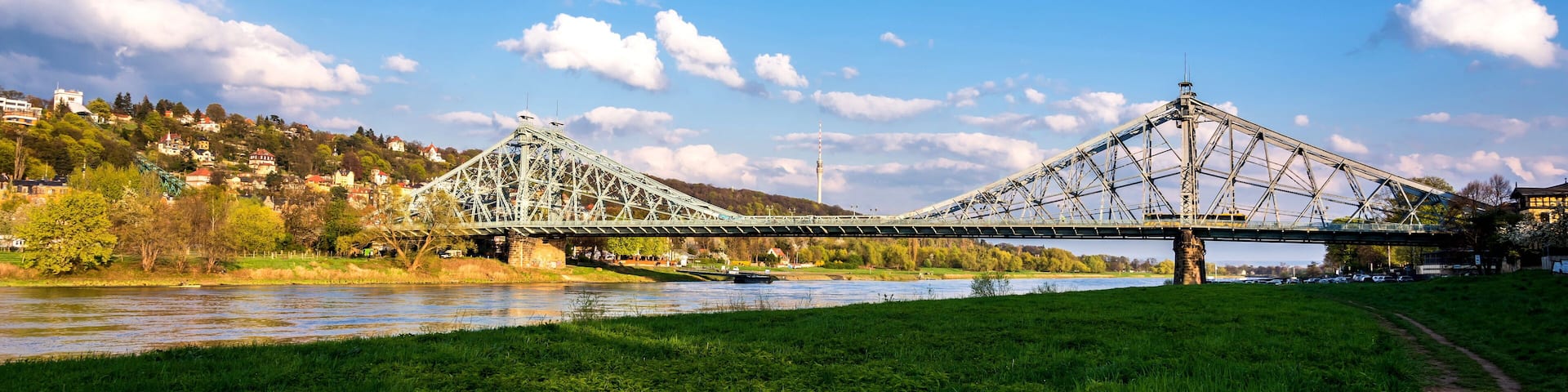 A large steel bridge spanning a river with a cityscape in the background.