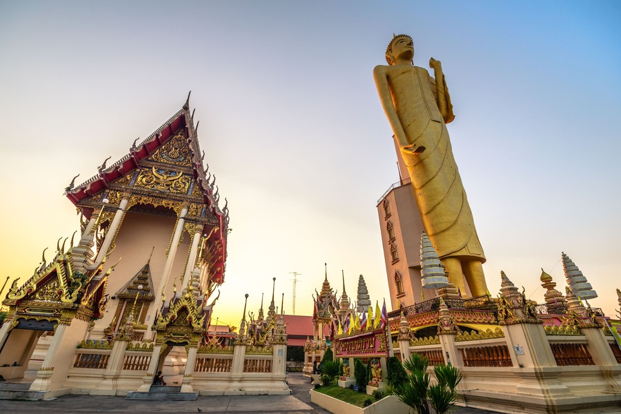 Standing Buddha Wat Buraphaphiram in Thailand; Shutterstock ID 1198257727; Purchase Order: -