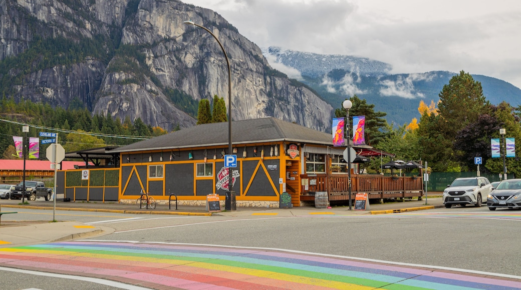 Downtown Squamish which includes a small town or village and mountains