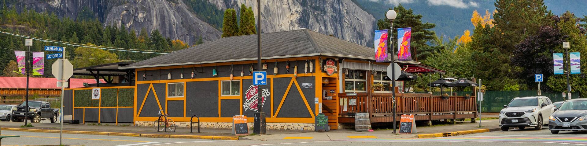 Downtown Squamish which includes a small town or village and mountains