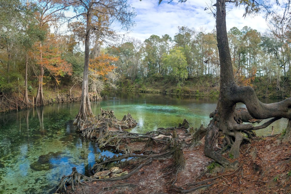 A clear river surrounded by trees with autumn foliage.