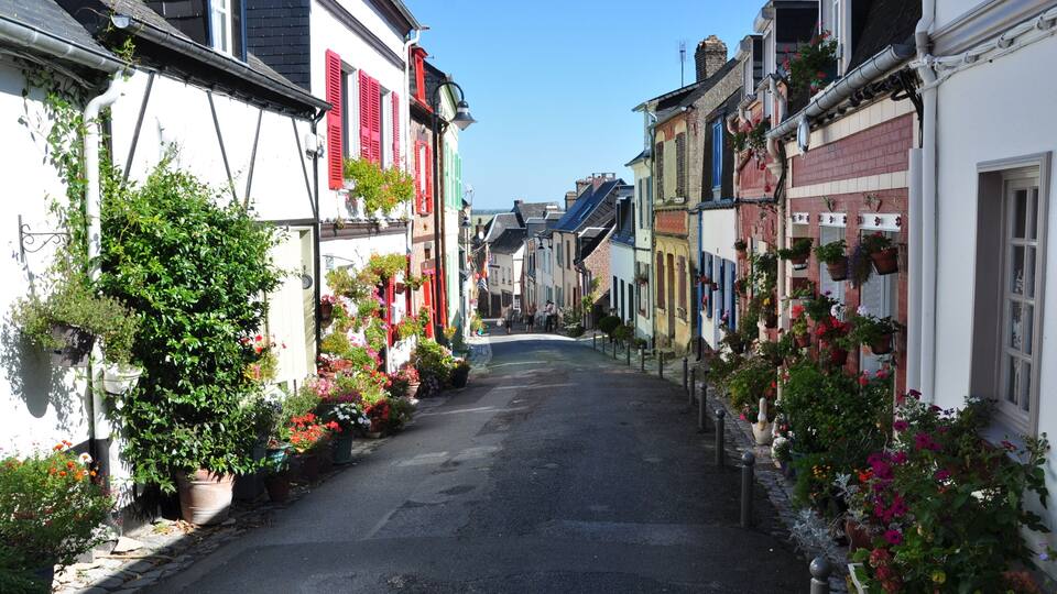 A narrow street lined with colorful buildings and potted plants.