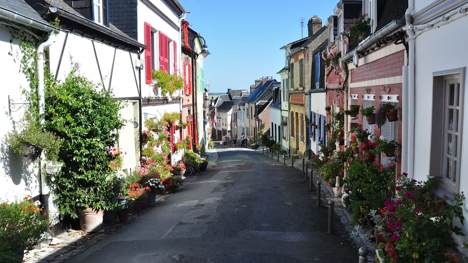 A narrow street lined with colorful buildings and potted plants.