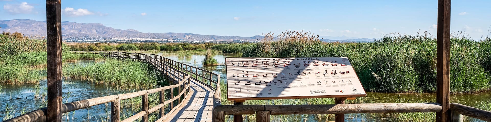 Bird observatory in The Hondo of Elche natural park, in a sunny day. In Elche, Alicante, Valencian community, spain.