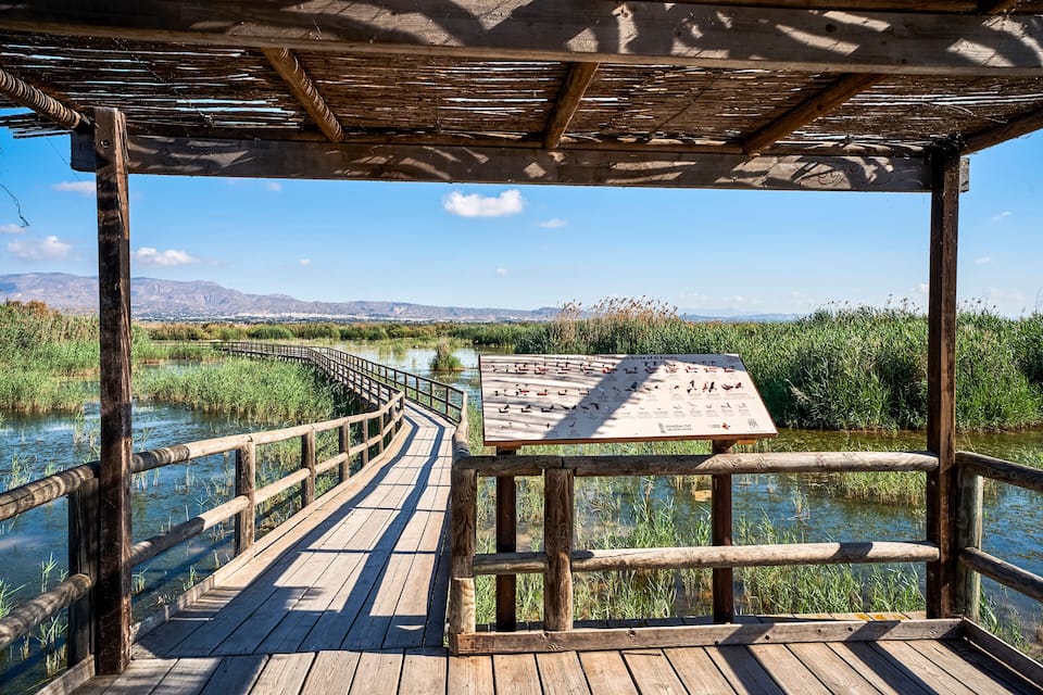 A wooden boardwalk over a river with a wooden canopy overhead, surrounded by tall grasses and mountains in the background.