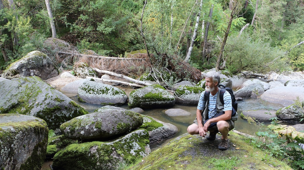 Man with a backpack sitting on a stone near a mountain river on a summer day, Belokurikha River, Altai Mountains