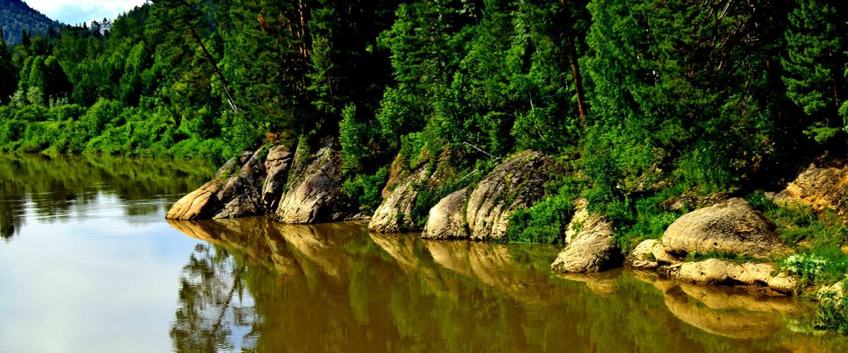 A calm river with clear reflections of surrounding trees and rocks.