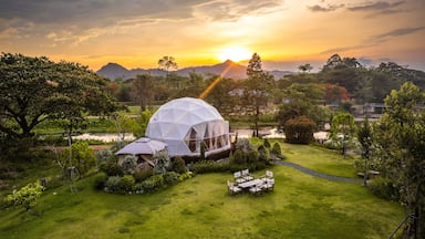 Aerial view of a glamping or camping area with tents in Khao Yai, Nakhon Ratchasima, Thailand