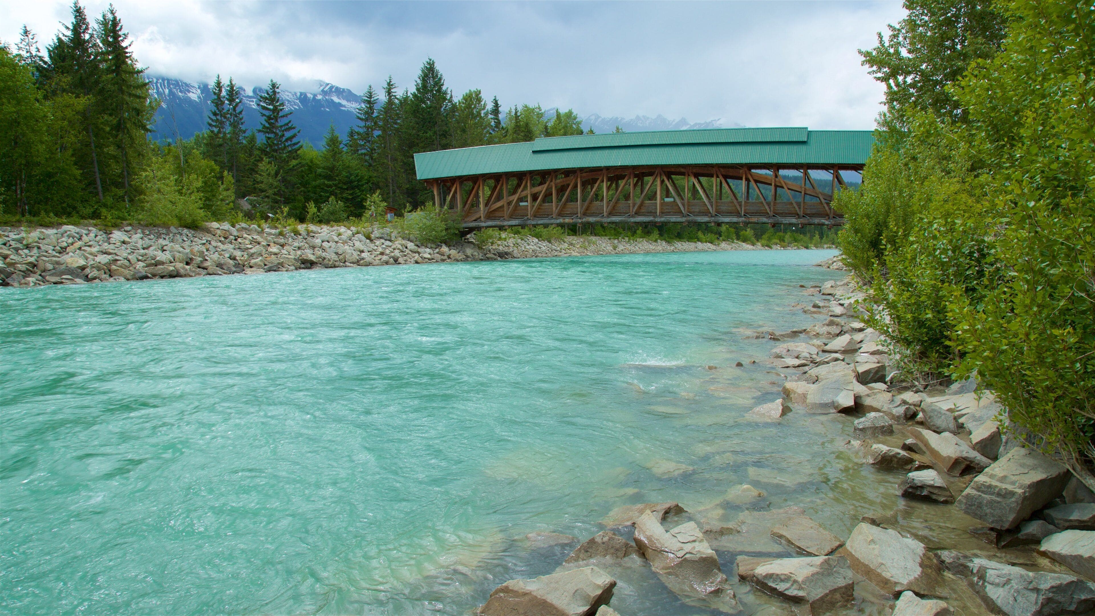 Kicking Horse Pedestrian Bridge featuring a bridge and a river or creek