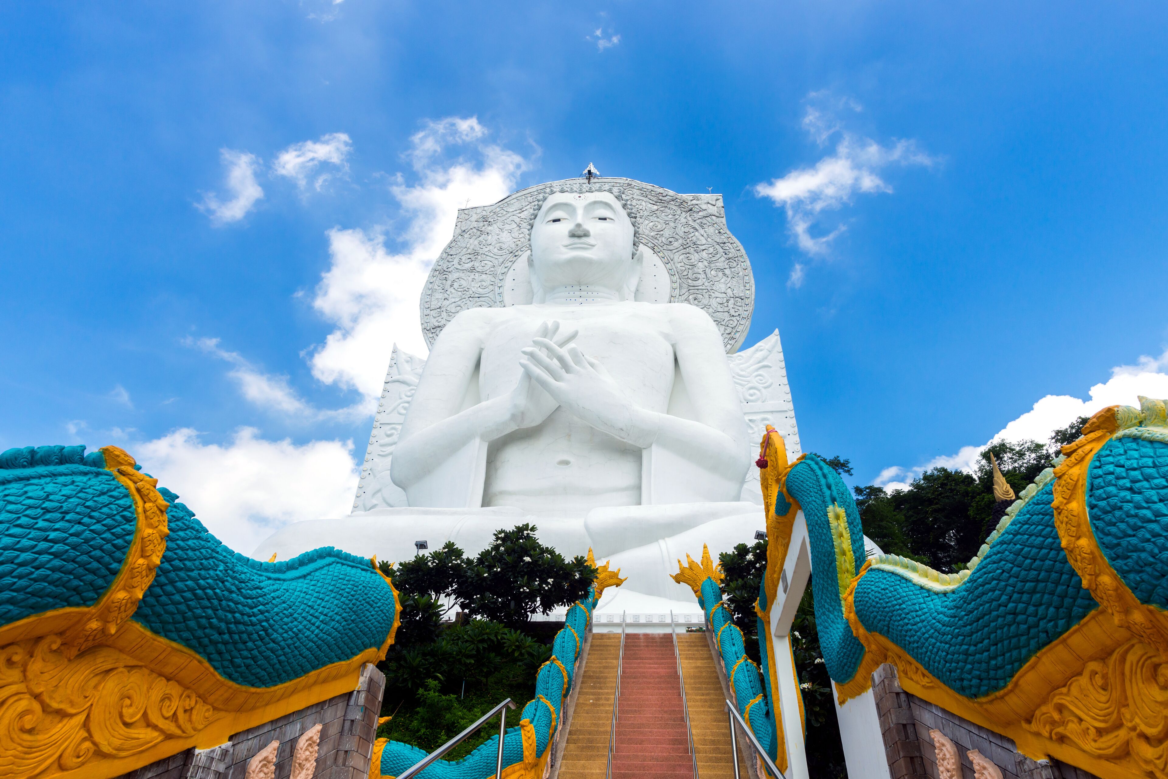Unseen in Thailand.Big white Buddha, Wat Tham Phrathat Khao Prang Chai Badan, Lopburi province,Thailand,ASIA.