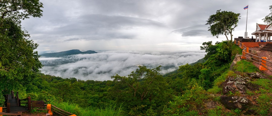 Clouds and fog above mountain, beautiful morning sunshine landscape at Pha Mo i Daeng Phra Wihan National Park. Sisaket province,Thailand,ASIA.