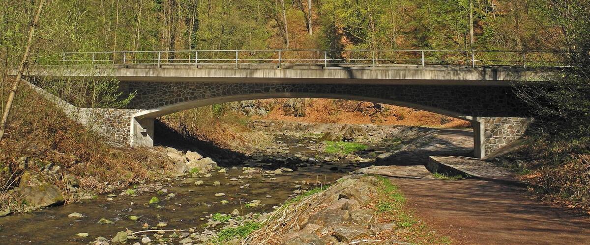 A stone bridge over a stream in a forested area.
