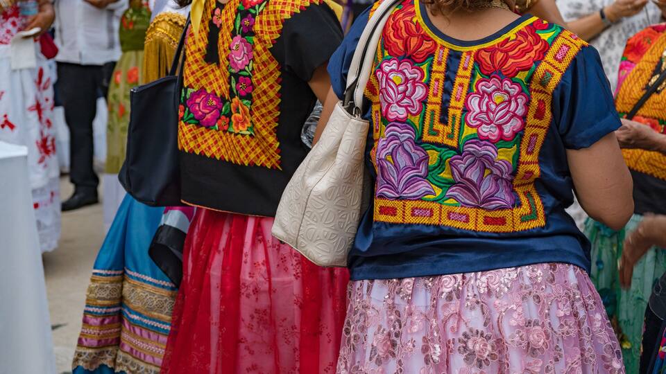 A person wearing a colorful embroidered top and a pink skirt.