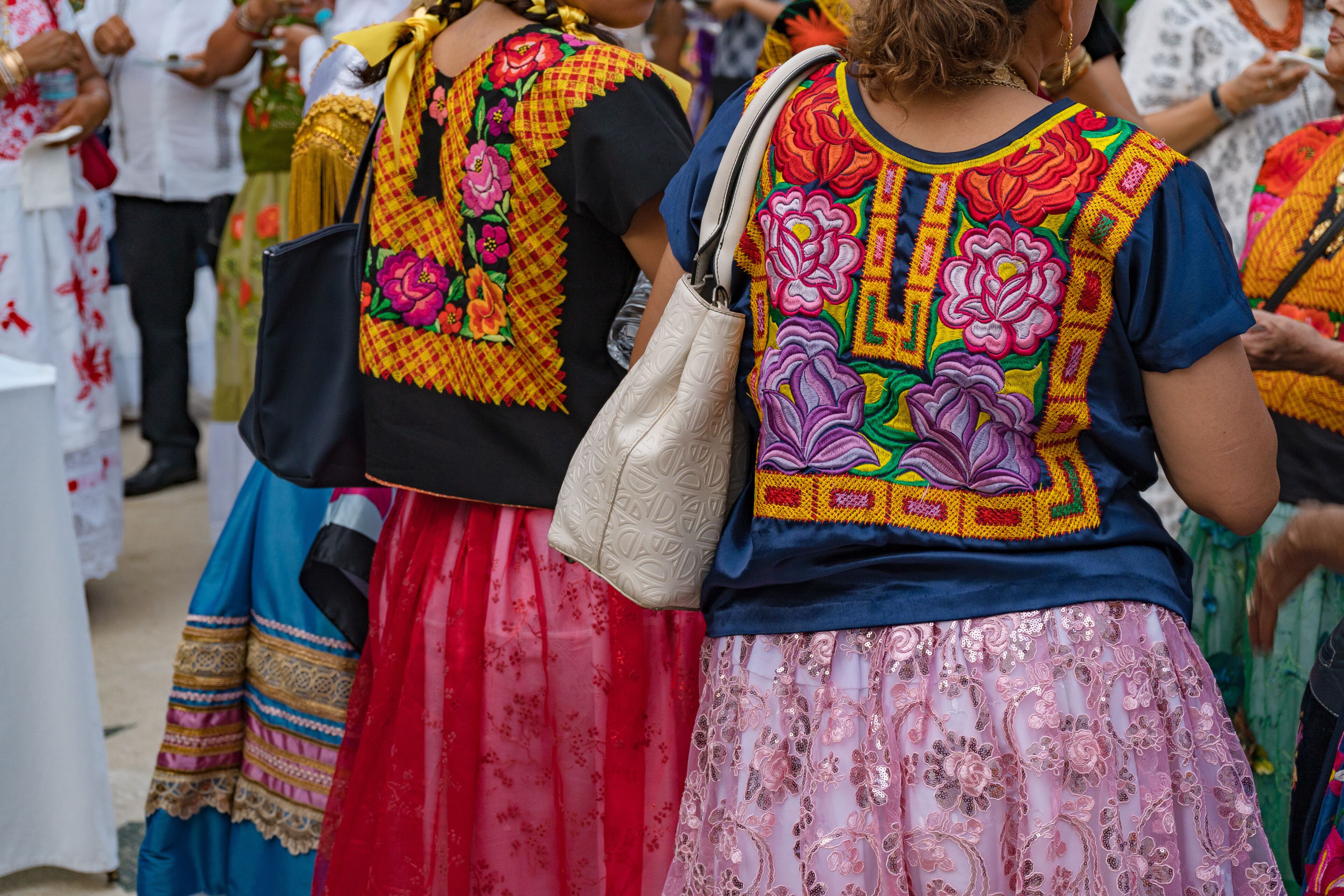 A person wearing a colorful embroidered top and a pink skirt.