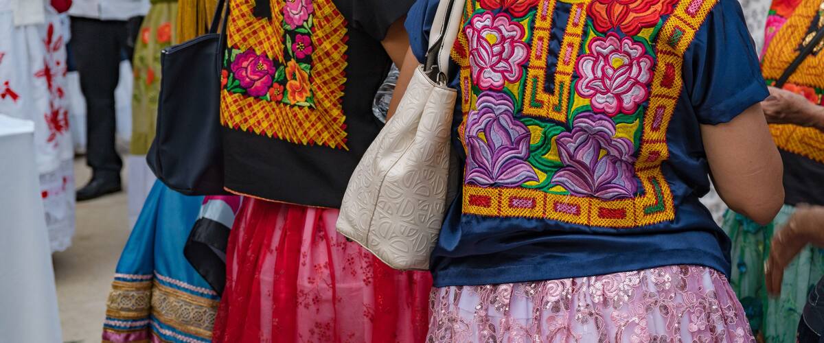 A person wearing a colorful embroidered top and a pink skirt.
