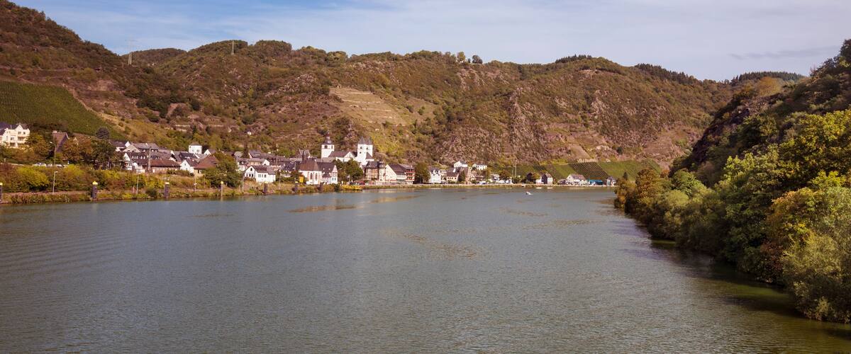 A river with a town on the left and hills in the background.