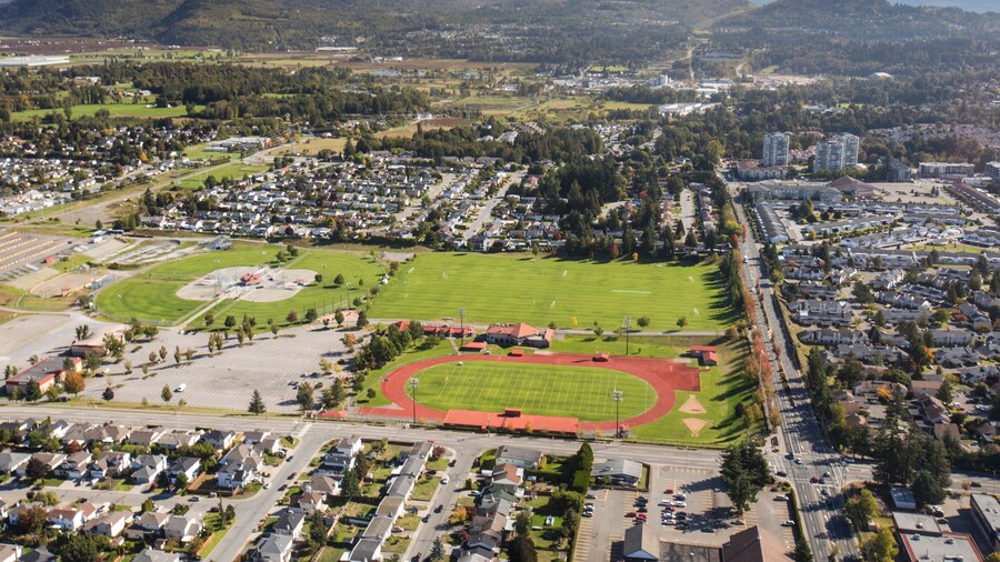 Aerial view of the City of Abbotsford, Rotary Stadium, Sumas Mountain