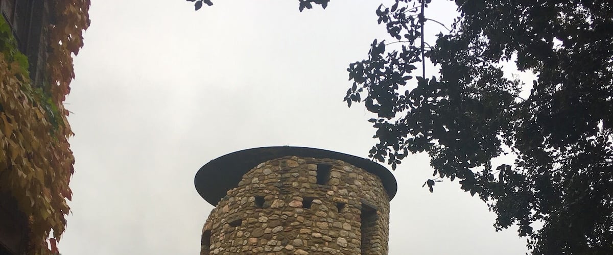 A stone tower with a staircase leading up to it, surrounded by greenery and a fence.