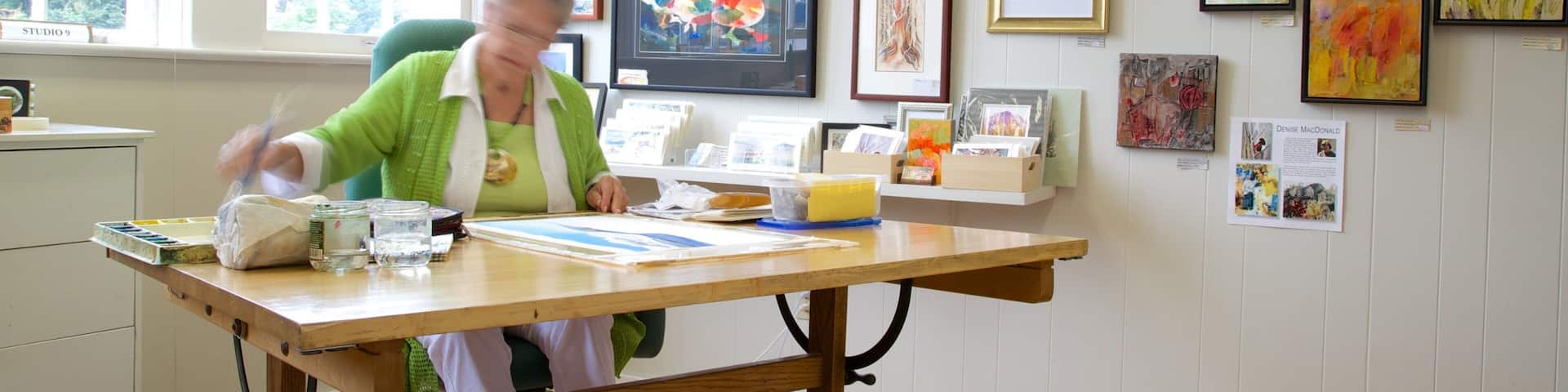 The Old School House Arts Centre featuring interior views and art as well as an individual femail