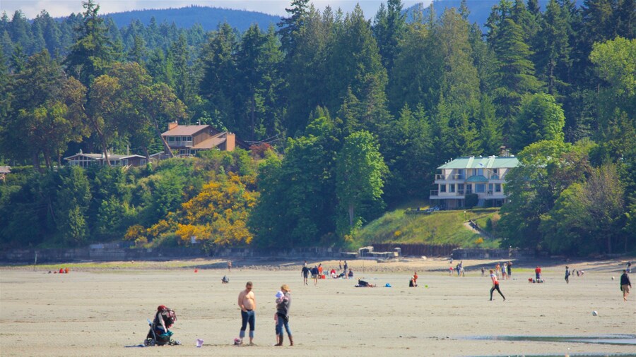 Rathtrevor Beach Provincial Park which includes a sandy beach, a small town or village and tranquil scenes