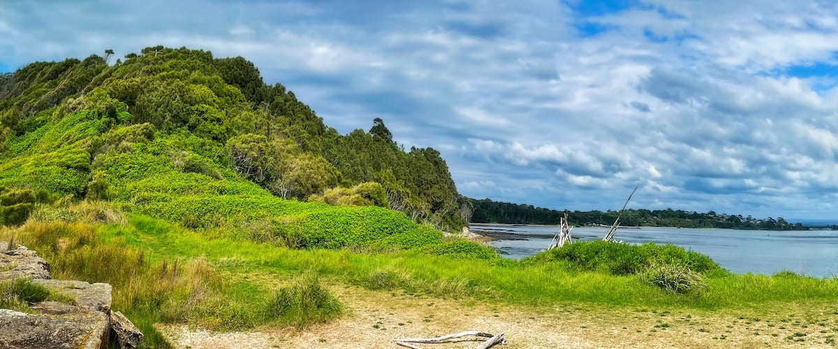 A coastal landscape with a grassy foreground, a bench, and a body of water under a partly cloudy sky.