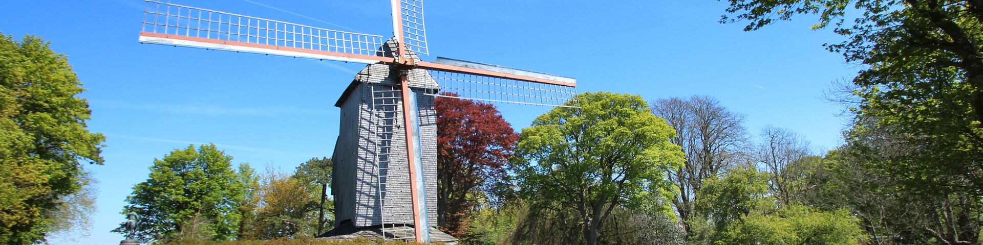 Un molino de viento en un parque bajo un cielo despejado.