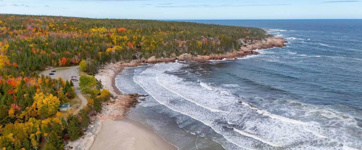 A coastal landscape with a sandy beach, a rocky shoreline, and a forested area with autumn-colored trees.