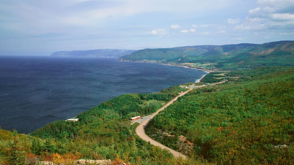 Panoramic view of Pleasant Bay in Cape Breton, Nova Scotia, Canada