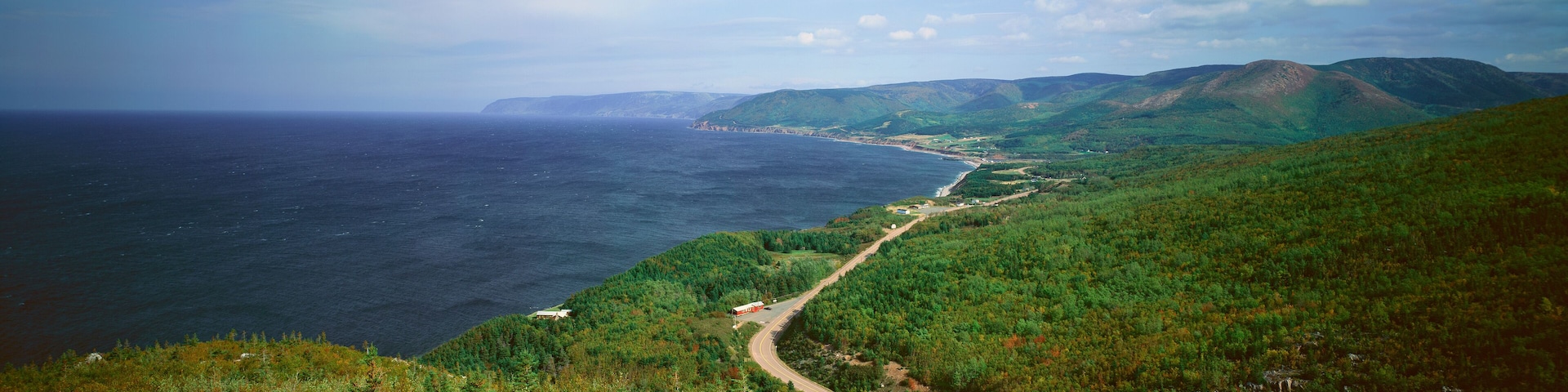 Panoramic view of Pleasant Bay in Cape Breton, Nova Scotia, Canada