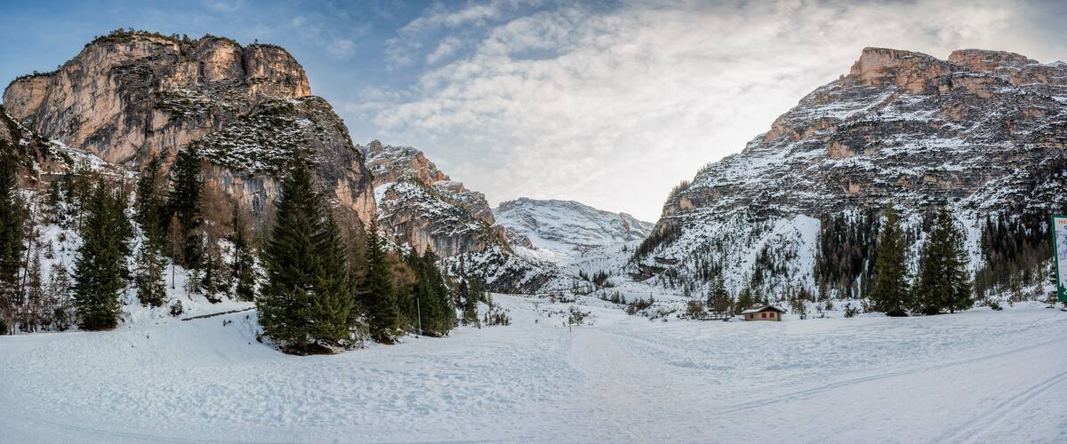 A snow-covered mountain landscape with rocky cliffs and evergreen trees.