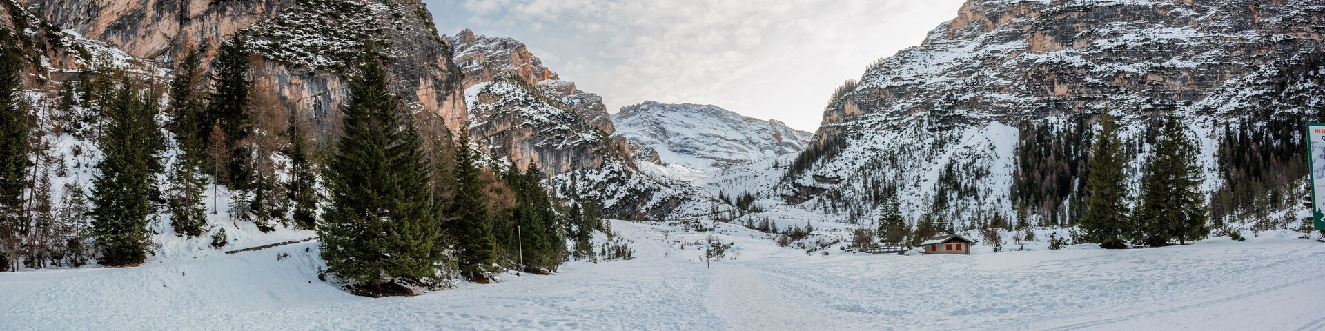 A snow-covered mountain landscape with rocky cliffs and evergreen trees.