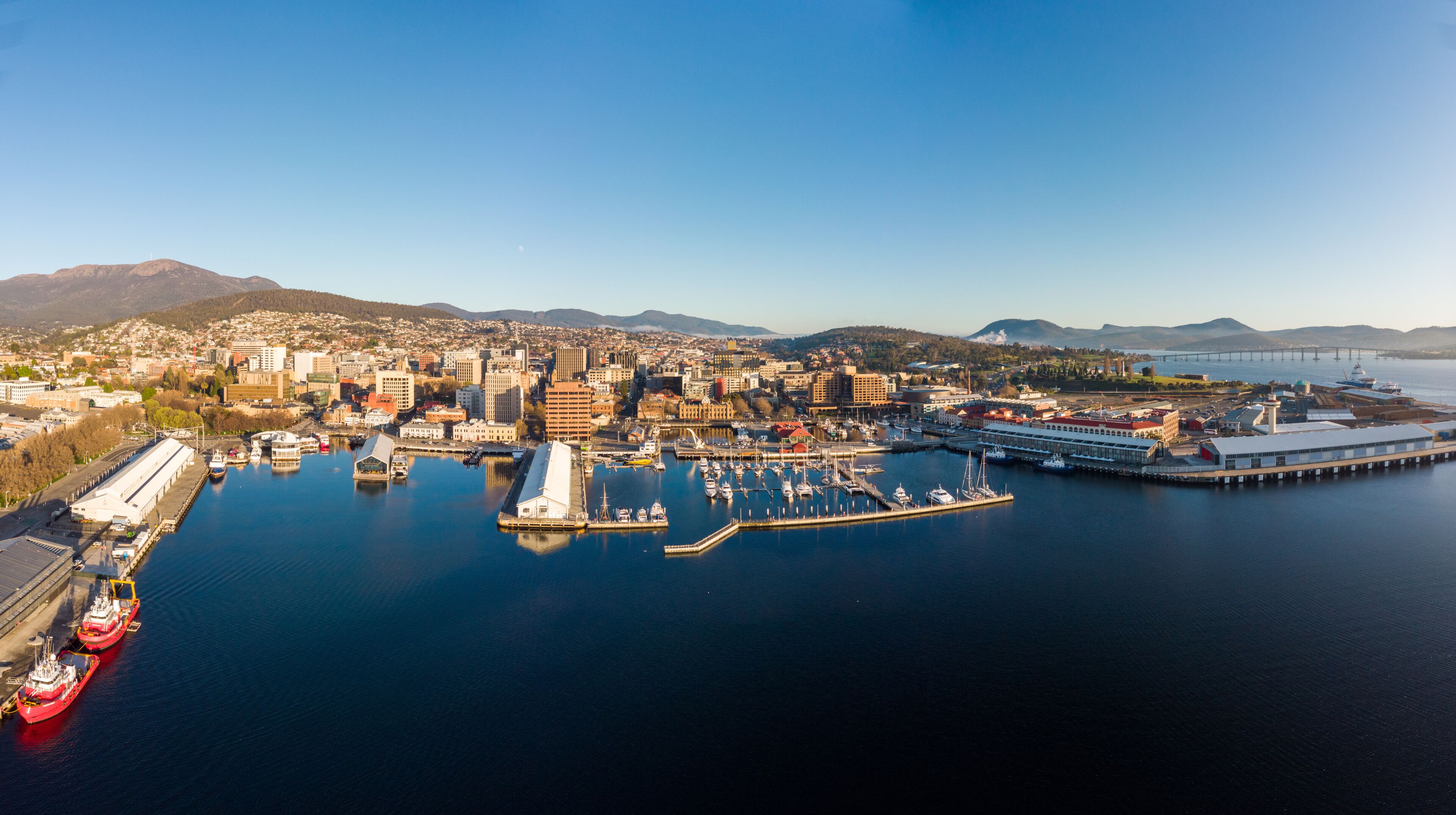 A coastal cityscape with a marina, ships, and a bridge in the distance.