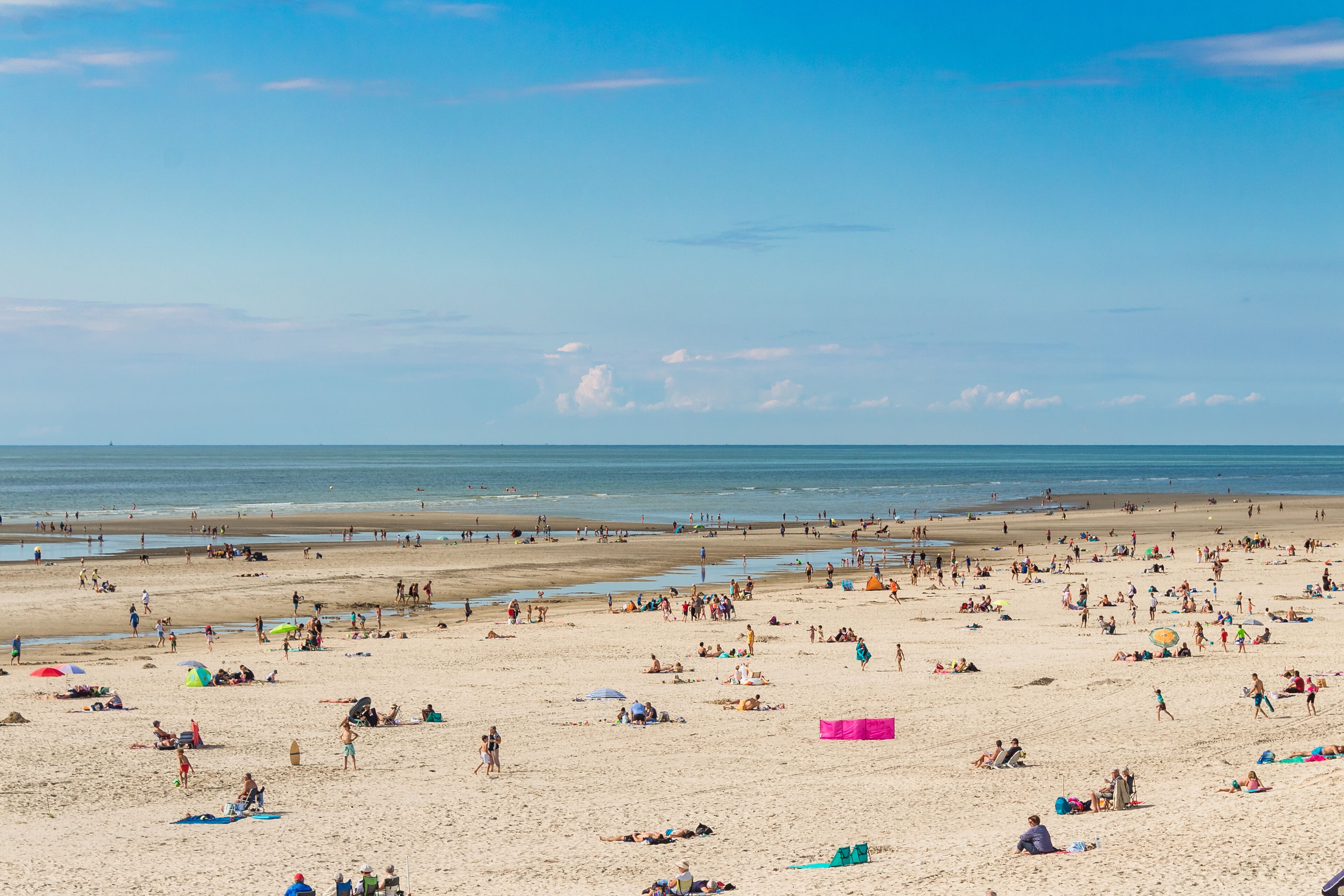A crowded beach with people sunbathing and swimming.